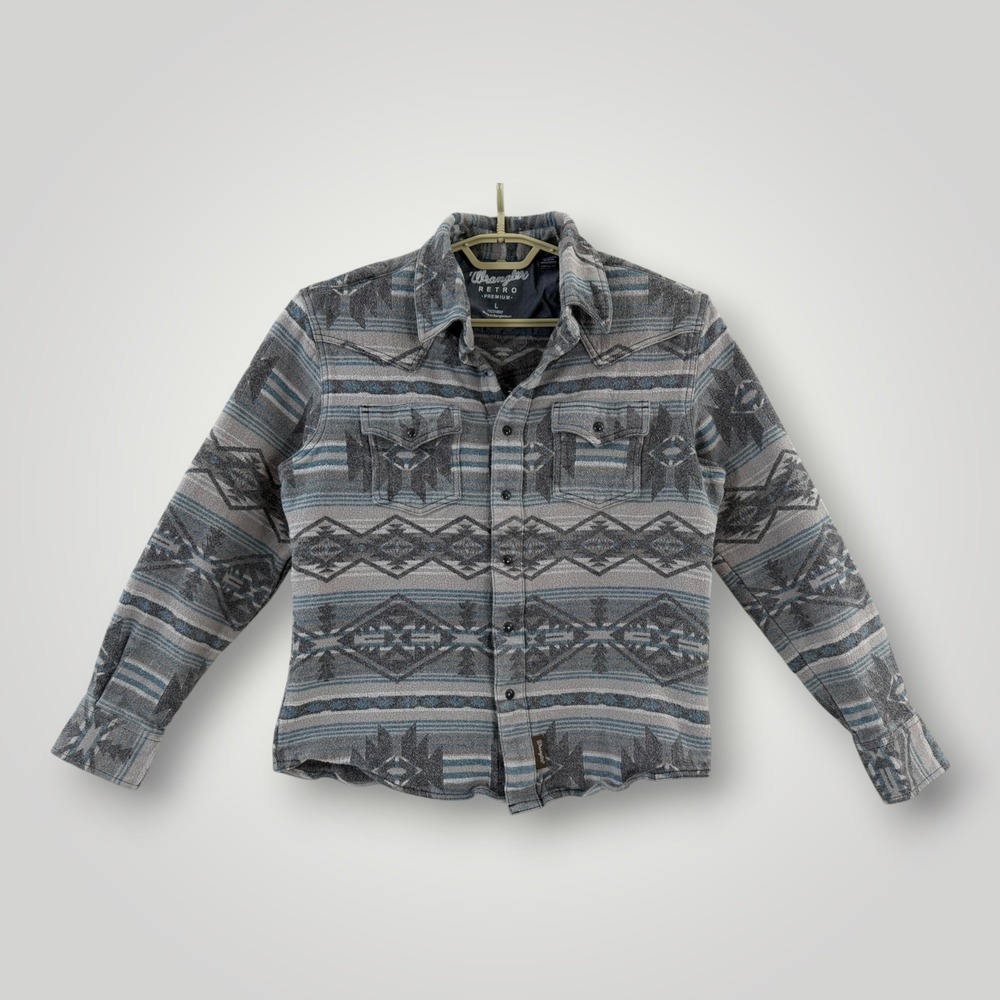 Wrangler Retro Premium Mens Large Grey Blue Aztec Southwestern Western Shirt